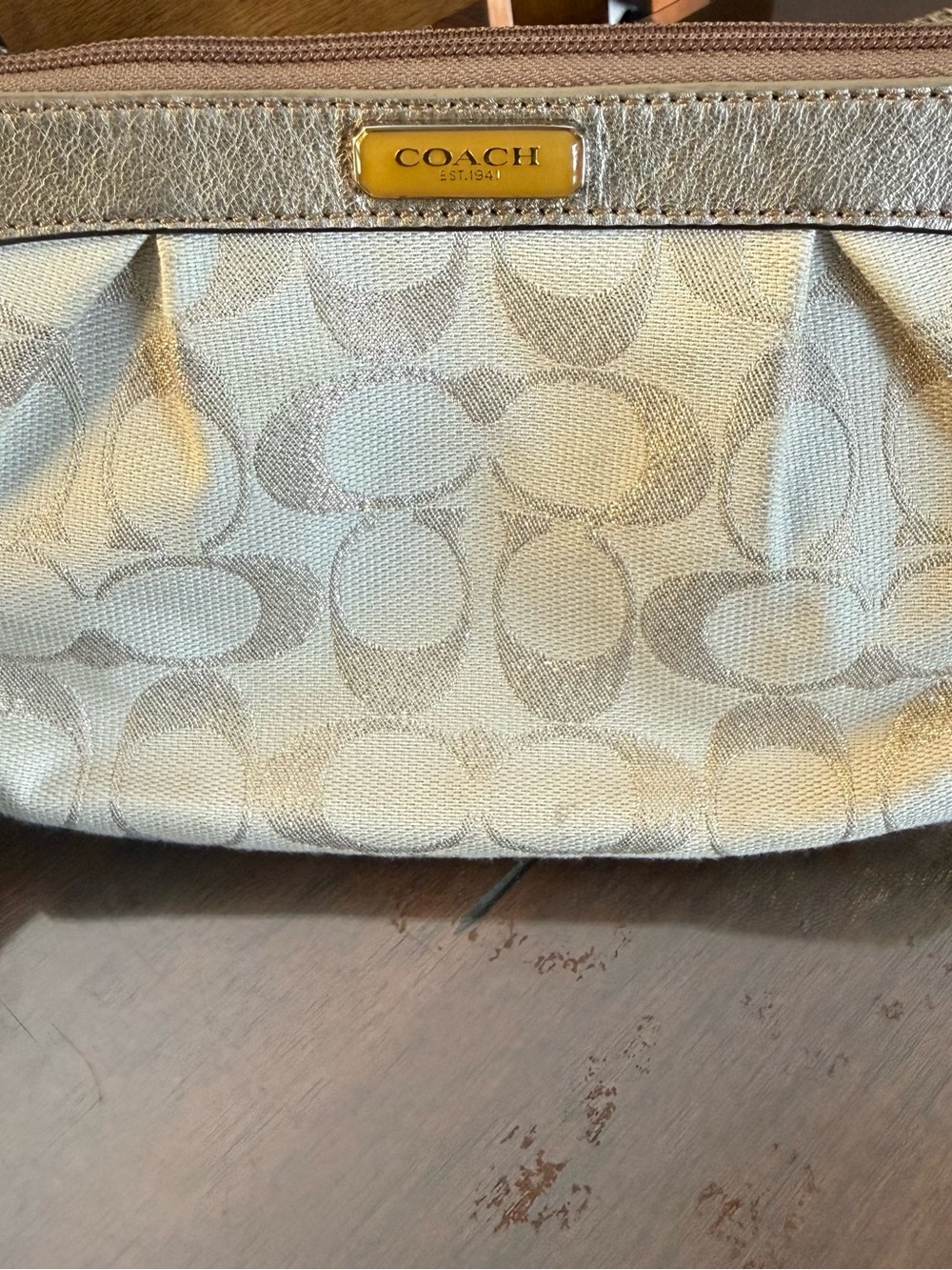 Coach Signature Canvas Wristlet in Beige and Gold
